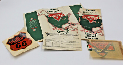 Two Conoco Oil Travel Maps, Conoco Travel Club postcards and a Phillips 66 decal