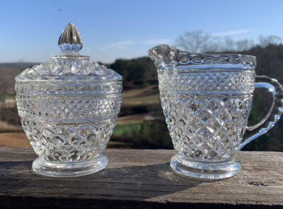 Anchor Hocking Wexford Clear Cut Glass Crystal Cream & Sugar Set