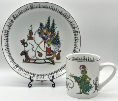 WILLIAMS SONOMA The GRINCH Christmas Dessert Plate & Coffee Cocoa Mug Cup 2p set