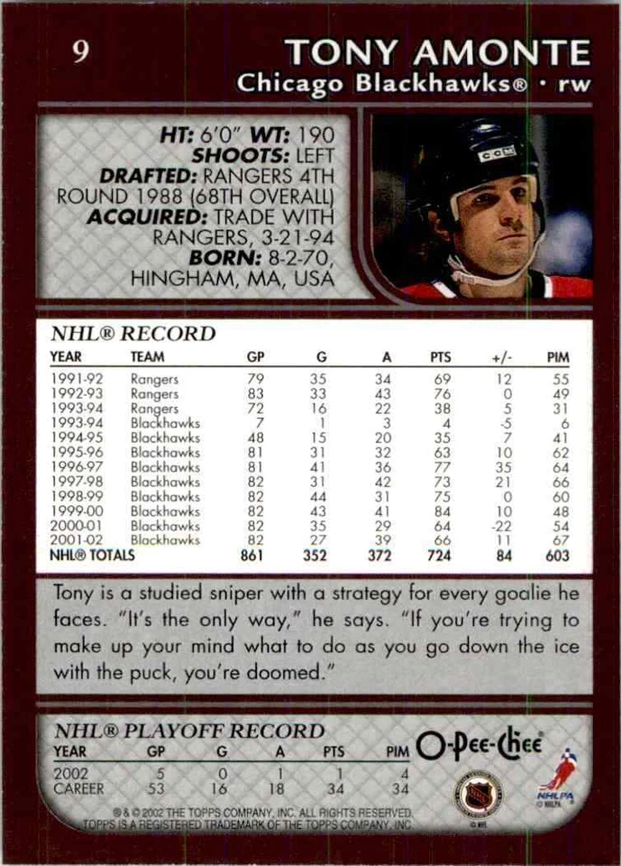 2002-03 O-Pee-Chee Tony Amonte #9 - Image 2 of 2
