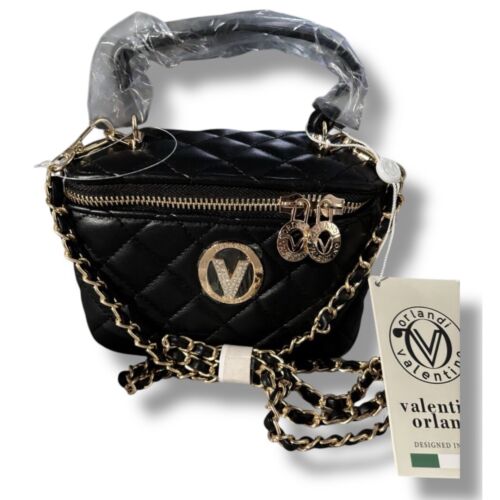 Valentino Orlandi top handle Quilted Vanity Bag pill Crossbody Chain Strap Black