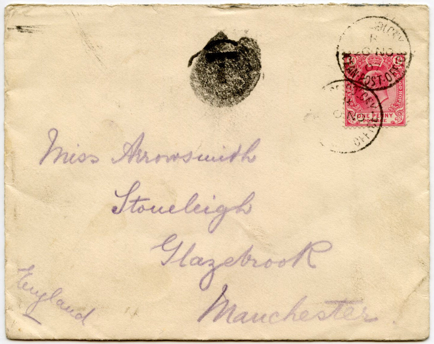 1907 CAPE COLONY OCEAN POST OFFICE 1d to GLAZEBROOK TAXE OVERSTRUCK