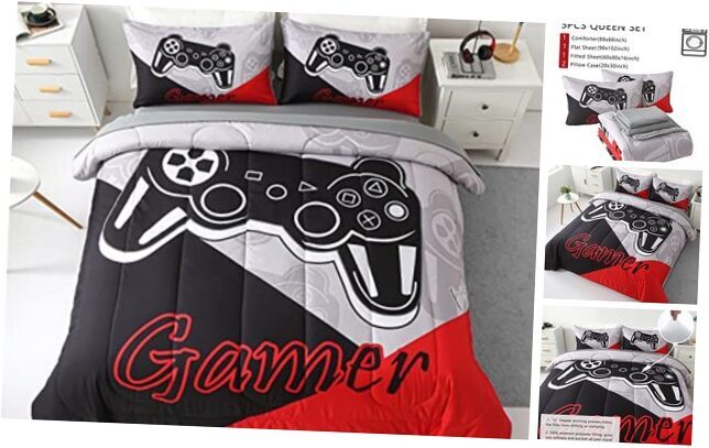 5 Piece Boys Queen Gamer Comforter Set with Sheets, 3D Queen(5-piece set) Red