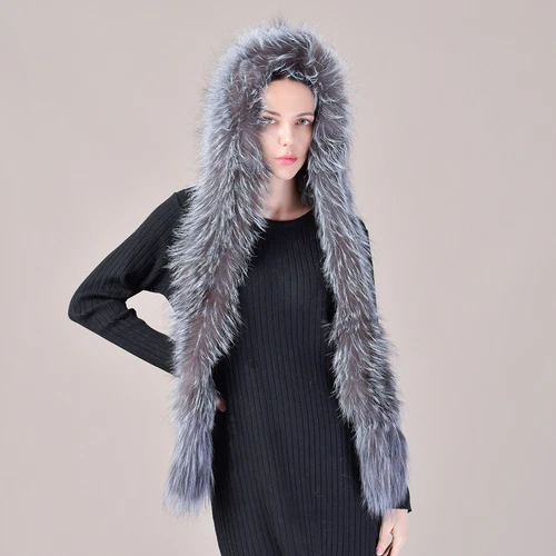 Women Real Knitted Fox Fur Hat Hooded Scarf Long Neck Collar Scarves Winter - Picture 26 of 29