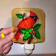 Vtg Red Cardinal On A Branch Holly Glass Night Holiday