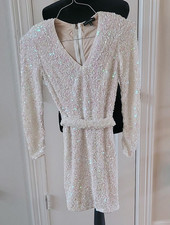 LUXLABEL White Sequin V-Neck Long Sleeve Lined Zip Mini Dress Size Small