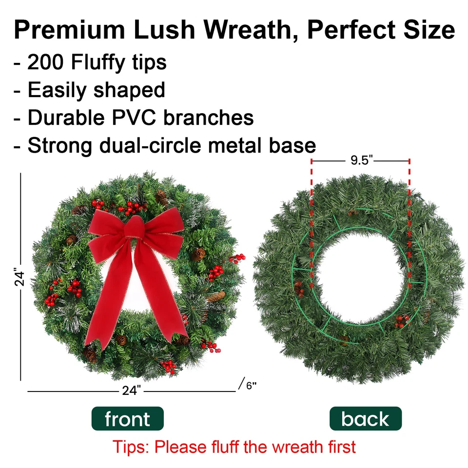 Guirnalda de Navidad prelit de 24 pulgadas que funciona con 50 luces temporizador 8 modos de luz Foto 3 de 4