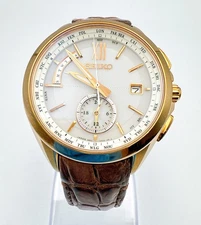 SEIKO Brightz 8B63-0AL0 White Brown World Time Solar Qz Titanium Watch - Rank B