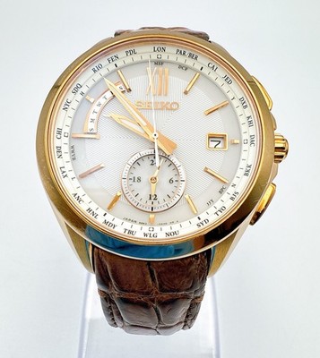 SEIKO Brightz 8B63-0AL0 White Brown World Time Solar Qz Titanium