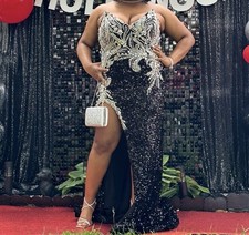 Black Silver Sequin Embellished Formal Gown with Side Slit