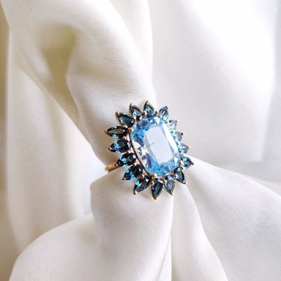 12.10 Ct Blue Topaz Statement Ring 14K Yellow Gold Gemstone December Birthstone