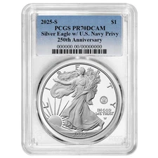 Presale - 2025-S Proof $1 American Silver Eagle Navy Privy PCGS PR70DCAM Blue
