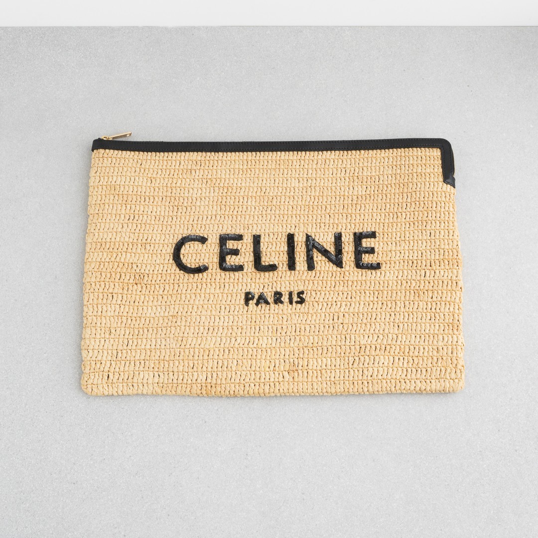 CELINE Raffia Clutch Bag Beige Black Sequin Logo Leather Gold 20SS Handbag  Pouch