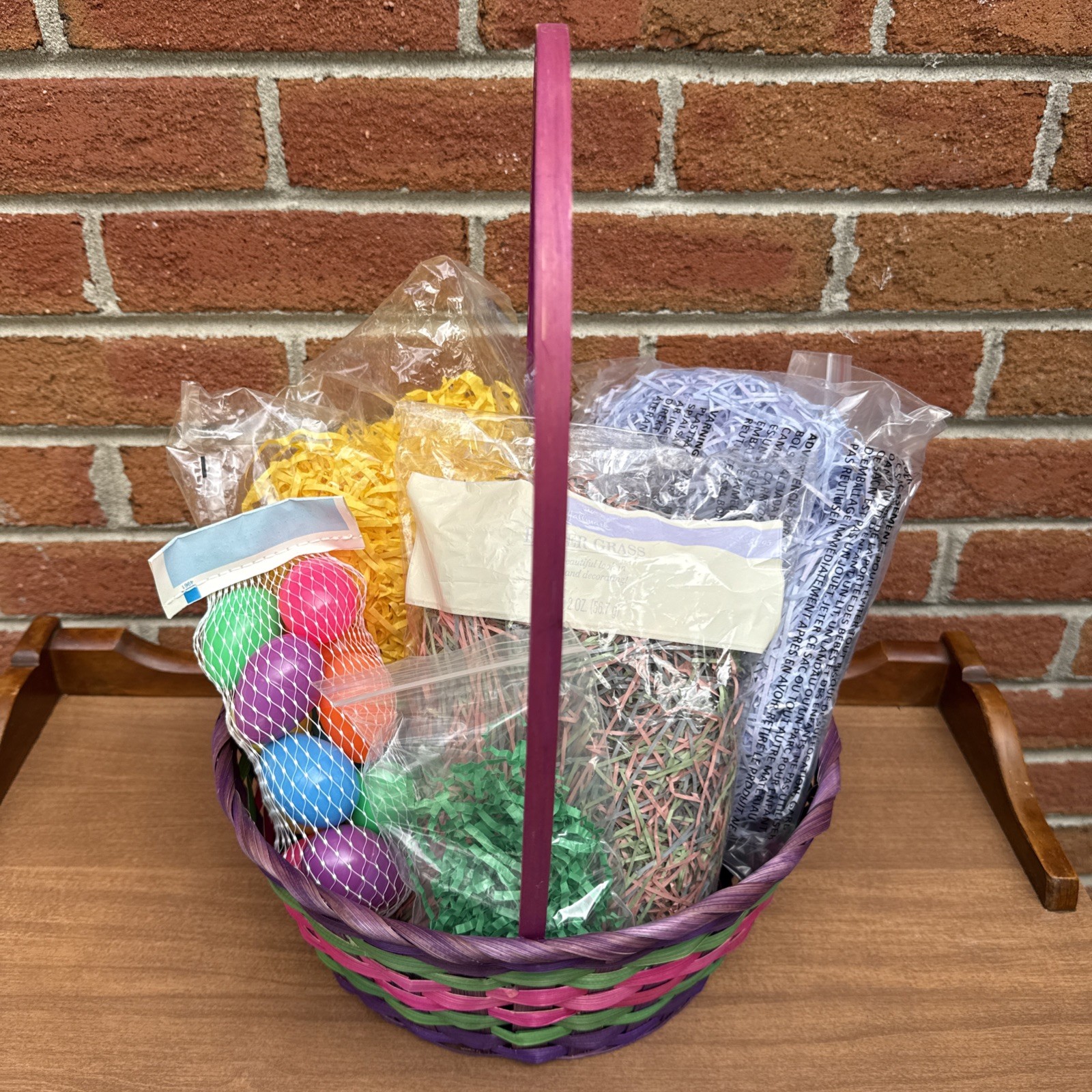 VTG Easter Basket Handle Weave Wicker Hand Woven Purple Gree