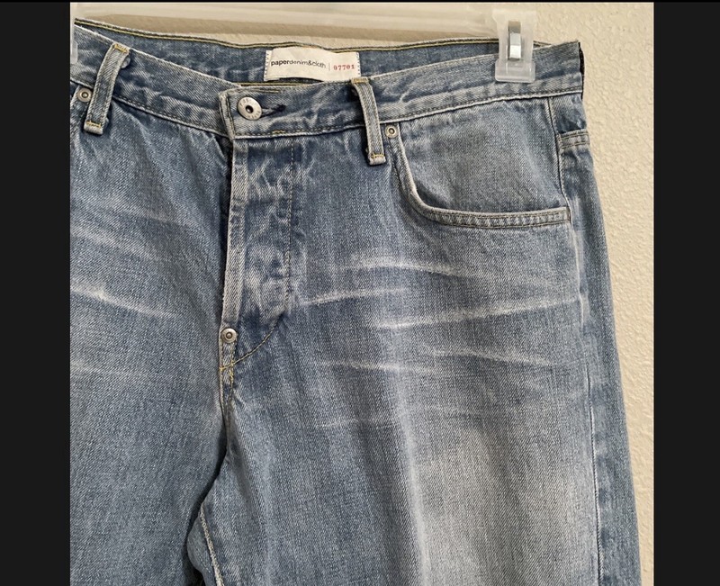 Wide Leg Mens Jeans 34x30 Paper Denim Cloth Denim Buttonfly Faded Fray Bottom