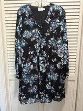 Time & Tru Black/Blue Floral Midi Dress Size Sm Long Sleeve Lined Ruffle NWT