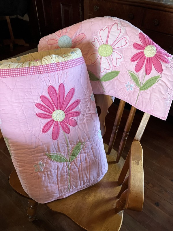 Pottery Barn Kids Full Queen Quilt Blanket With 1 Sham Daisies Garden Pink
