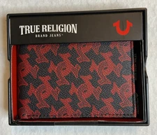 True Religion Men Red Black Genuine Leather One Size Savoy Bifold Wallet New