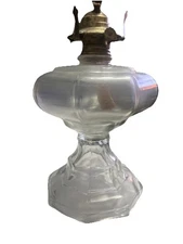 Antique Oil Lamp Clear Glass Beaded Stem Large Octagon Bowl and Base