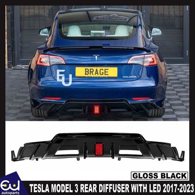 STOßSTANGE HINTEN DIFFUSOR MIT LED SPOILERLIPPE FÜR TESLA MODEL 3 GLANZ SCHWARZ 17-23