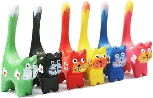 Set of 6 Long Tail Kitty Cat Figurine Decorative Carved Wooden Fgiures... - Picture 4 of 7