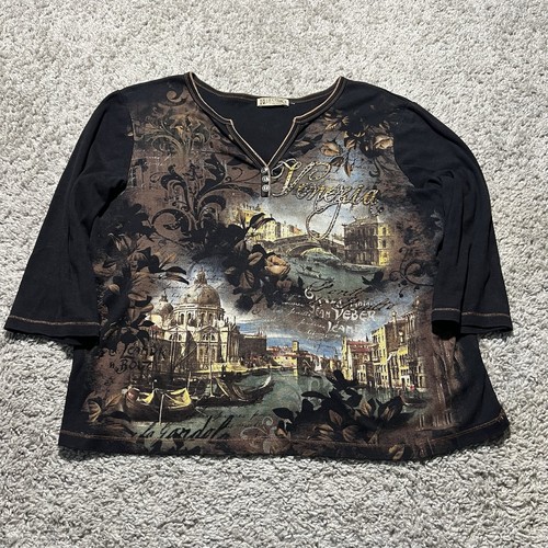 Blue Canyon Women’s 3/4 Sleeve Black Top Venezia Italy Y2k Vtg Theme Print PXL - Picture 1 of 8