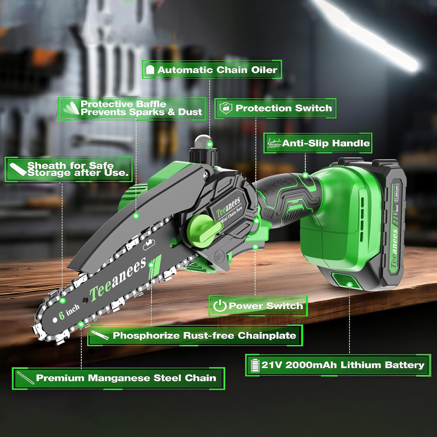6‑Inch Mini Cordless Chainsaw – 21V Handheld Electric Saw w/ 3 Chains ...