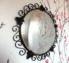 Small Vintage Metal Framed Concave Wall Mirror with Hanger