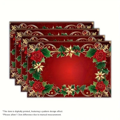 6pcs/8pcs Christmas Placemats Red Holly Rose Design Holiday Dining Table Decor