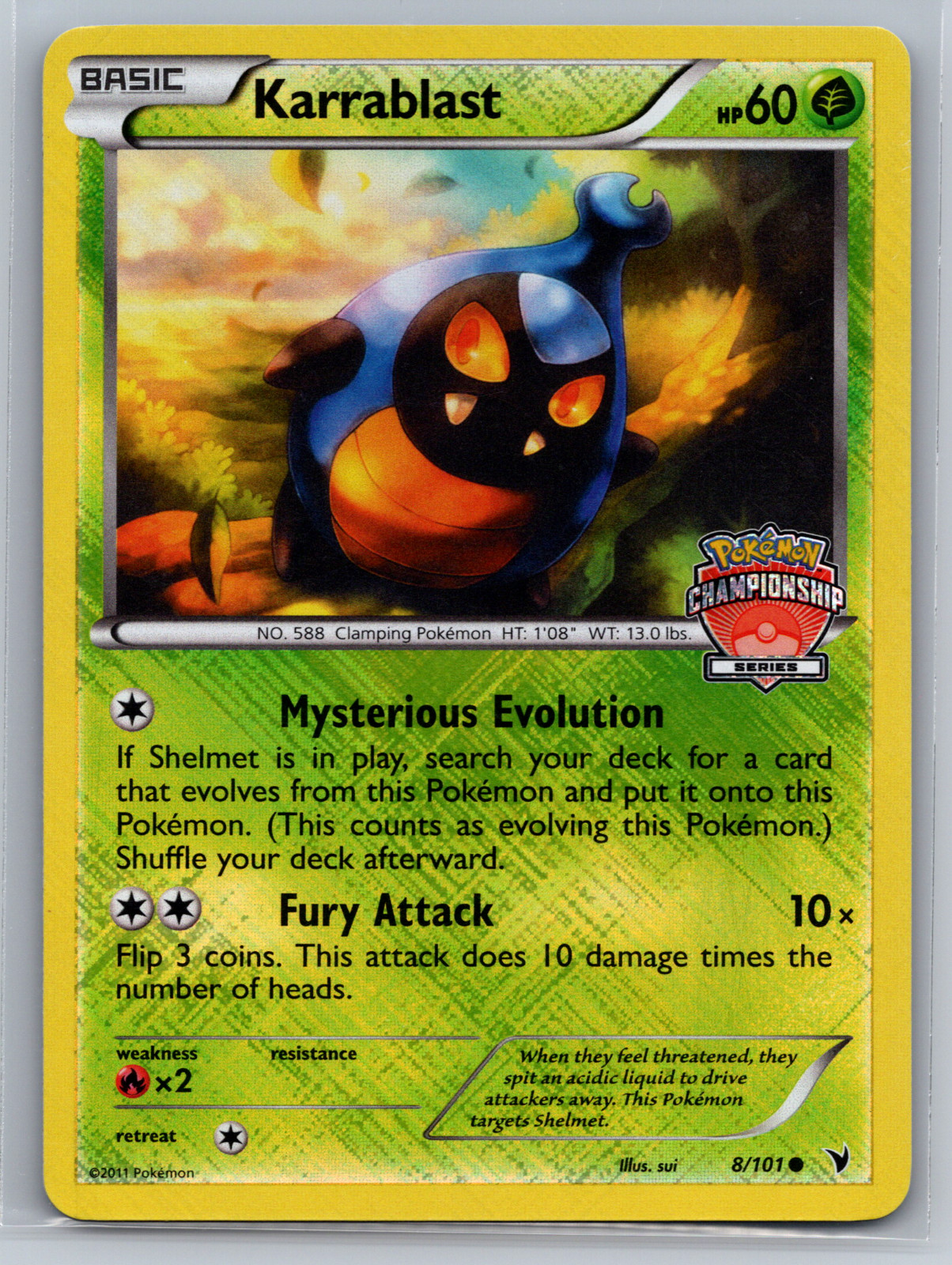 Karrablast 8/101 Stamped 2011 Pokemon Championships Crosshatch Reverse Holo NM