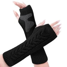Womens Arm Warmers Fingerless Gloves Cable Knit Fleece Lined Warm Half Black