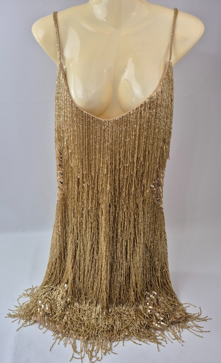 slim fit dress slacks NADINE MERABI SADIE GOLD BEADED FRINGE MIN