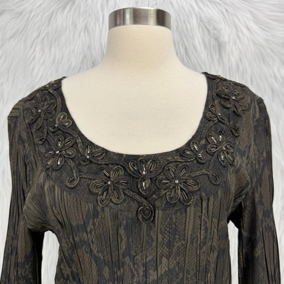 Top Elegante Alberto Makali De Colección Y2K Talla L Con Cuentas Verde Oliva Estampado Piel de Serpiente Floral Foto 3 de 4