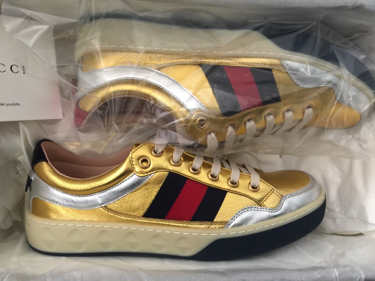 GUCCI AUTH GOLD LEATHER GUCCI LOGO SIGNATURE WEB RIBBON CLUB