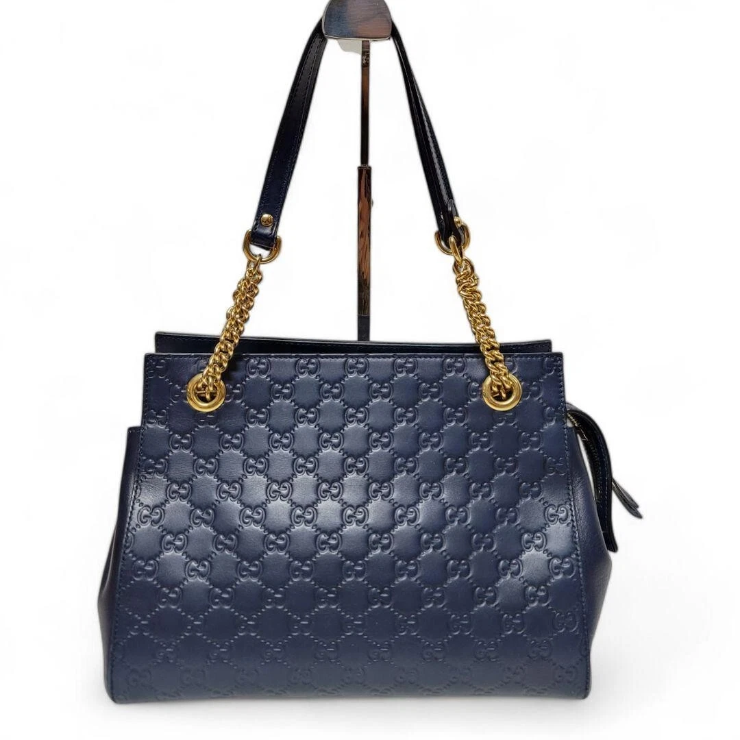 Sac fourre tout Gucci Guccissima chaîne cuir bleu marine avec sac de rangement femme occasion