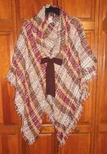 Soft Knit Button Closure Poncho/Cape/Shawl Beige & Rust Plaid with Bow-One Size