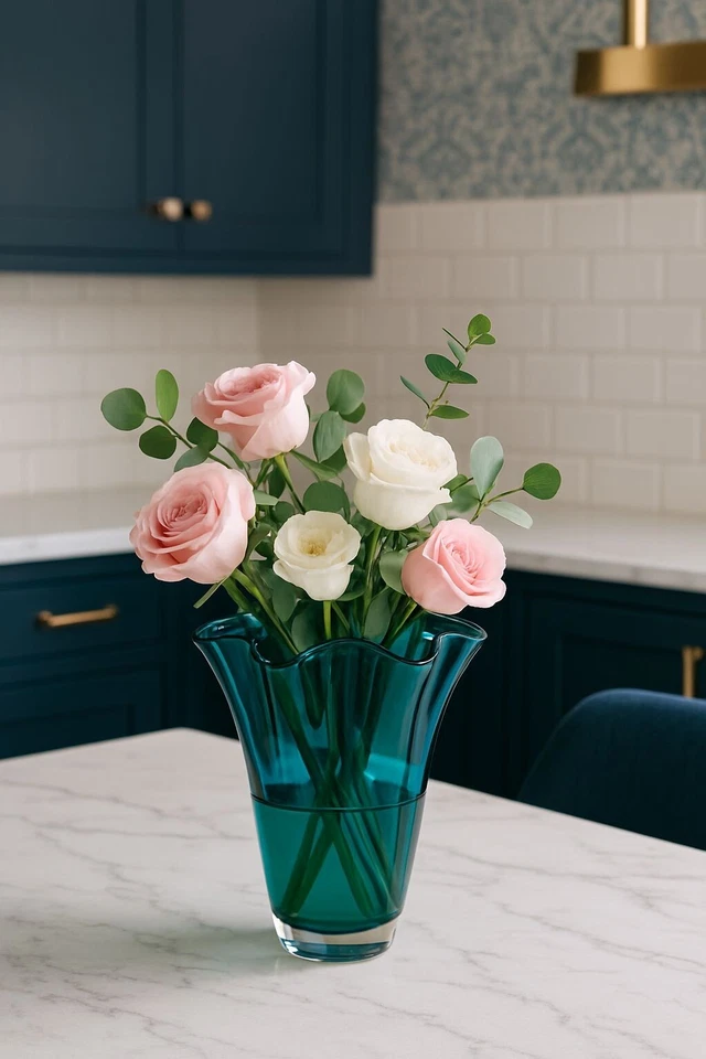 Vase Glass Wavy Turquoise Glass Vase Flower Vase Hand Blown Signature Table Vase - Image 2 of 4