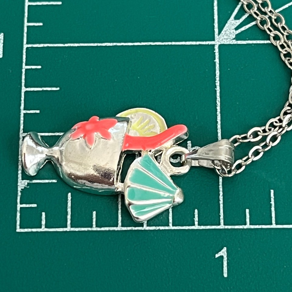 Tropical Cocktail Drink Cup Glass Charm Necklace Pendant Pink Enamel 18 ...