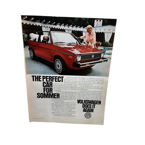1981 Volkswagen Rabbit Convertible Red Elke Sommer Original Vintage print ad 80s
