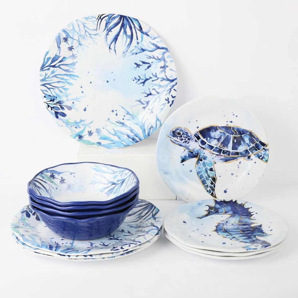 Juegos de vajilla de melamina Indigo Sea Life de 12 piezas, juego de platos de exterior, juego de 4 Foto 4 de 4