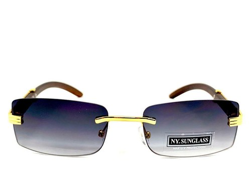 Men's CLASSY Elegant Contemporary Modern SUNGLASSES Rimless Gold & Wood Frame - Picture 4 of 8