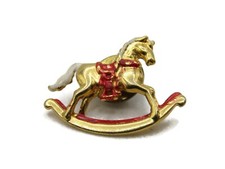 Vintage Rocking Horse Pin Red White  Gold Tone
