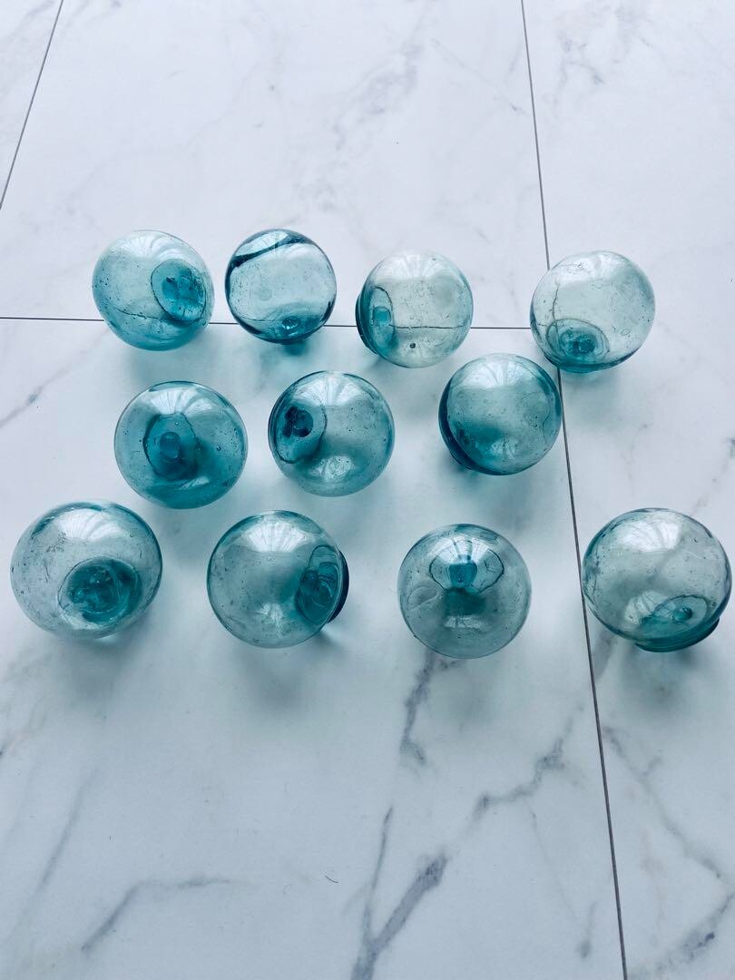 pieces Japanese Glass Fishing Floats Blue Green inches Antique