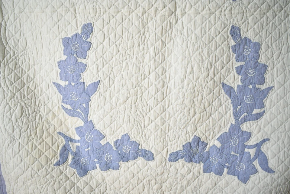 HERMOSO Edredón Antiguo Vintage Azul y Blanco Apliques Gladiola ~ ¡Bonito Acolchado! Foto 3 de 4