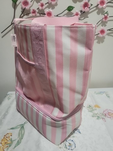 👀》🔥 Victoria’s Secret XL Iconic Pink & White Stripe Beach Cooler Tote Bag 🆕️ - Picture 8 of 24