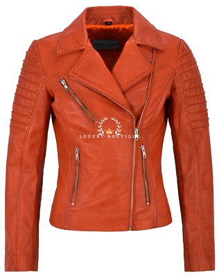 Damen Leder Biker Jacke Orange Mode Stepp Style 100% ECHT NAPA 9334