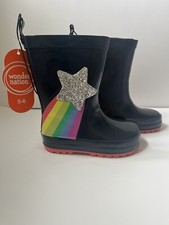 Wonder Nation Kids Girls Blue Star Rainbow Pull On Rain Boots Choose Size