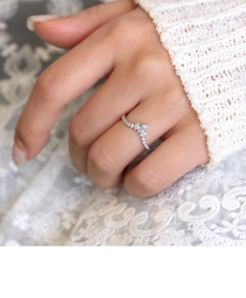 Dainty Silver Moissanite Wedding Band Thin Stackable Tiara Crown Ring-image