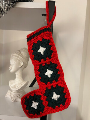 Handmade Granny Square Christmas Stocking Red Green White New Year Gift Sock