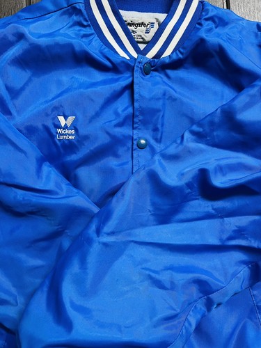 Vintage Wickes Lumber Blue Varsity Jacket Swingster Mens Size Large Made In USA - Picture 8 of 12